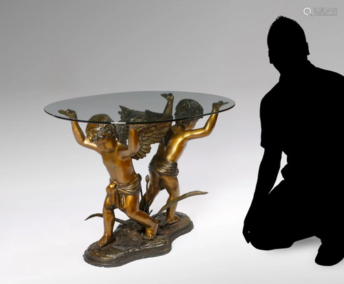 GLASS TOP BRONZE TABLE OF 2 CHERUBS