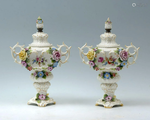 PAIR OF CAPODIMONTE PORCELAIN URNS