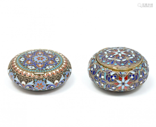 2 RUSSIAN SILVER GILT CLOISONNE PILL BOXES BY K…