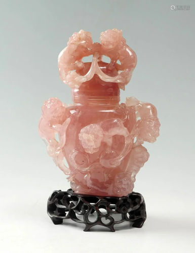 HEAVY CARVED ROSE QUARTZ FOO DOG URN ON …