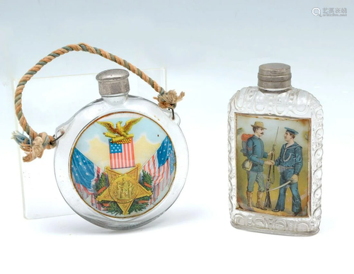 2 PIECE PAINTED MILITARY GLASS FLASKS