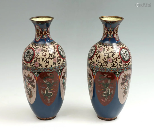 PAIR JAPANESE GINBARI CLOISONNE DRAGON & PH…