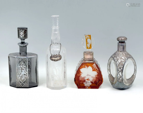 4- PC. GLASS & STERLING DECANTER BOTTLES