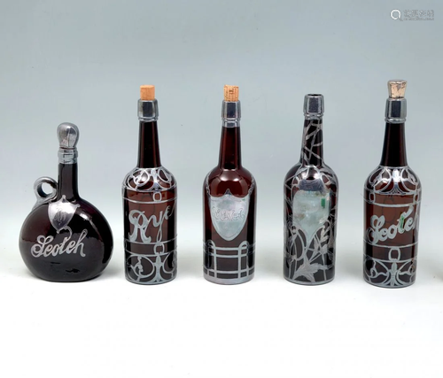 5- PC. BROWN GLASS & STERLING OVERLAY BOTTLES