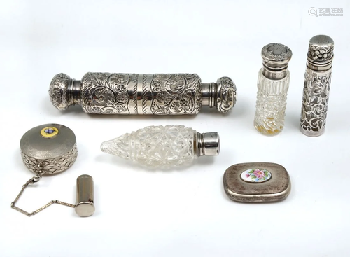 6 PC SILVER REPOUSSE & GLASS PERFUME BOTTLES &…