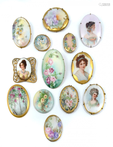 13 PAINTED PORCELAIN BROOCHES