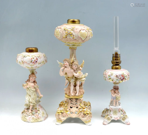 3 DRESDEN STYLE FIGURAL OIL LAMPS