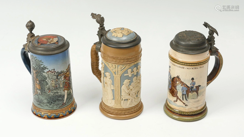 3 PIECE METTLACH FIGURAL STEIN COLLECTION