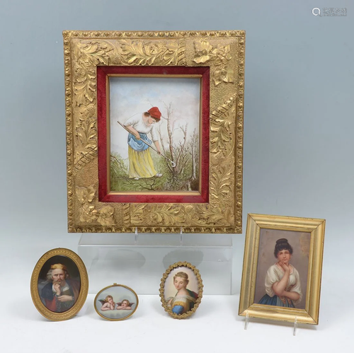 5 MINIATURE PAINTINGS ON PORCELAIN