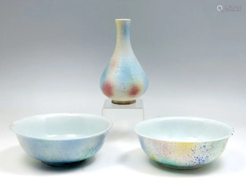 3 PC. CHINESE SPLASH GLAZED BOWLS & VASE