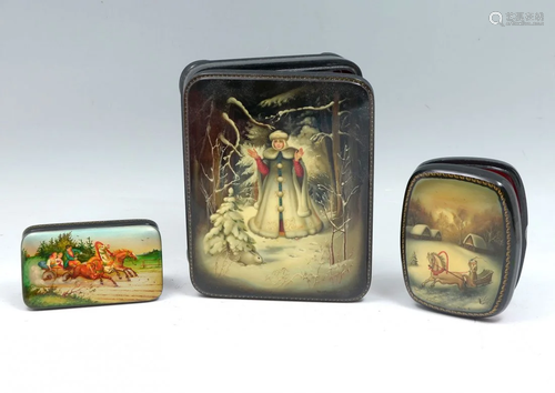 3 FIGURAL RUSSIAN LACQUERED BOXES