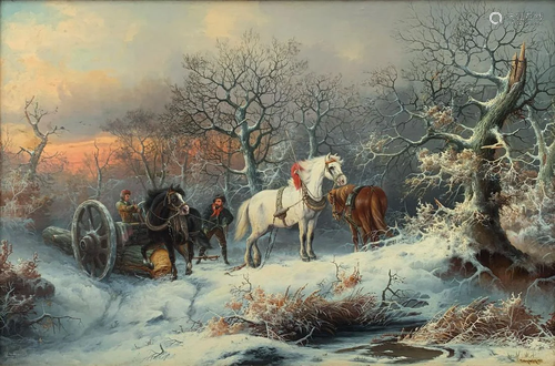 AUGUST PETTENKOFEN WINTER LOGGING PAINTING