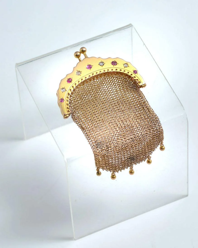 18K GOLD MESH PURSE WITH DIAMONDS & RUBIES