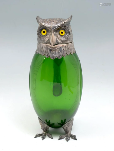 SPANISH STERLING & CUT GLASS OWL FORM CLARET