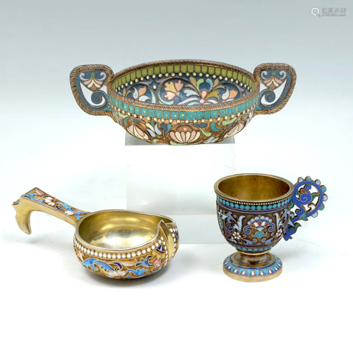 3 RUSSIAN SILVER & CLOISONNE CUPS