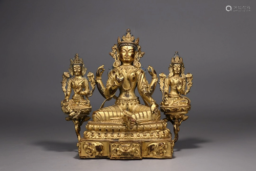 GILT BRONZE FOUR-ARMED GUAN'YIN TREE-CON…