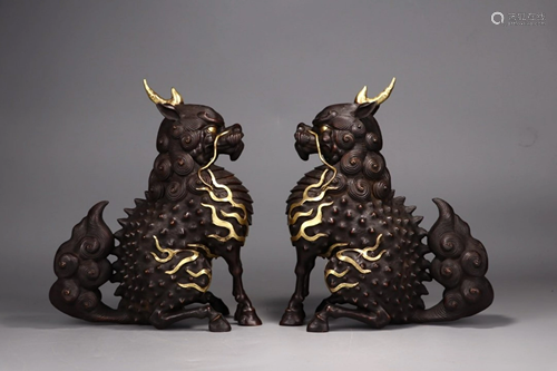 BRONZE KYLIN ORNAMENT IN PAIR