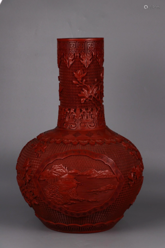 QIANLONG MARK RED CARVED LACQUER HUI PATTER…