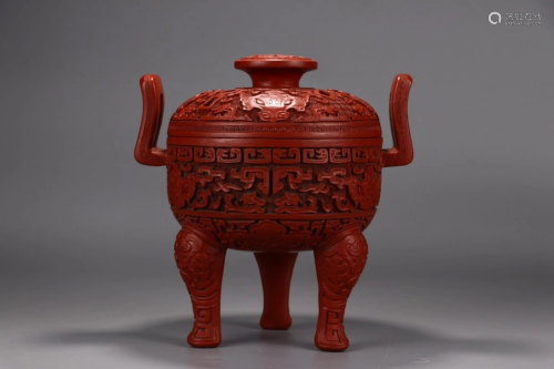 QIANLONG MARK RED CARVED LACQUER BEAST-FAC…