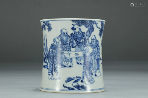 KANGXI MARK BLUE WHITE WU'LAO'TU BRUSH POT