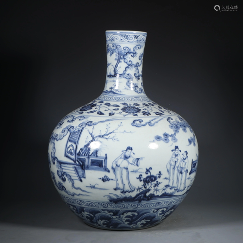 BLUE WHITE FIGURE STORY BOTTLE VASE