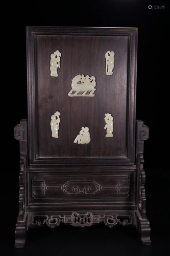 ZITAN WOOD EMBEDED JADE POETRY SCREEN