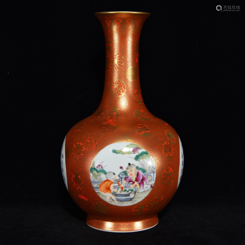 QIANLONG MARK RED PORCELAIN OUTLINE IN GOL…