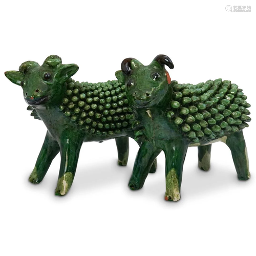 (2 Pc) Terracotta Green Glazed Rams