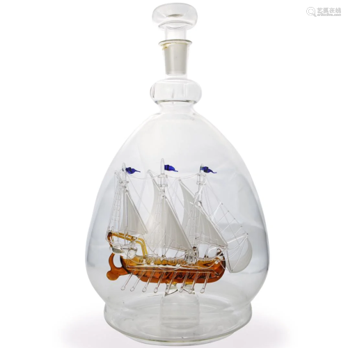 Hand Blown Ship Model Glass Decanter