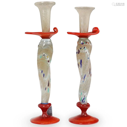 (2 Pc) Signed Murano Glass Candle Holders