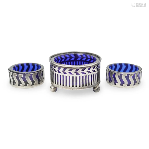 (3 Pc) Sterling Silver & Cobalt Blue Glass Cellars