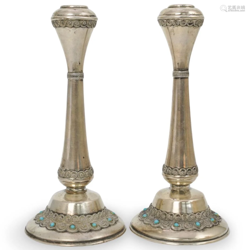 Pair Of Judaica Sterling and Turquoise Candlesticks