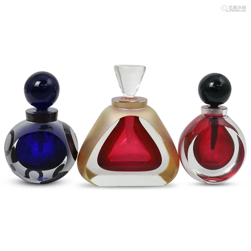 (3 Pc) Signed Art Glass Perfume Bottles