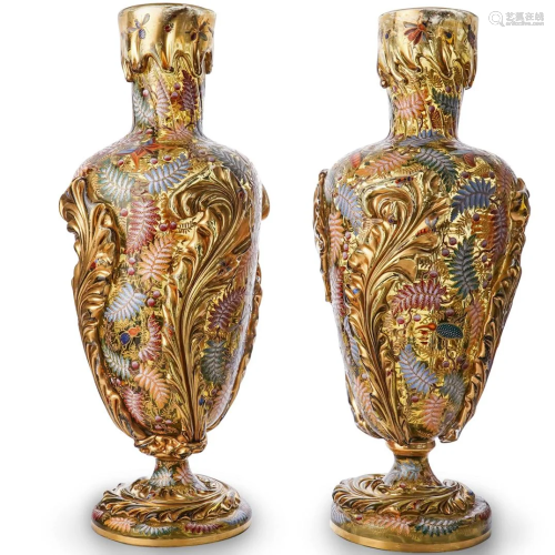 Rare Antique Moser Gilt Enamel Glass Vases