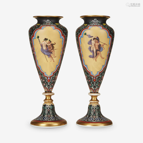 A pair of Napoleon III painted opaline glass vases in