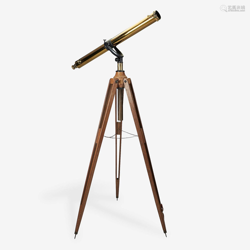 A large brass and iron telescope on oak tripod stand,