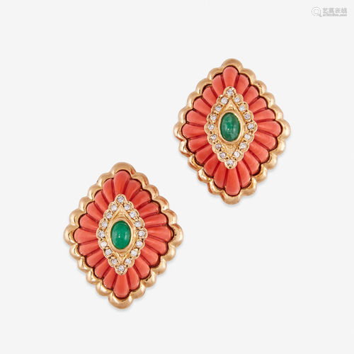 A pair of coral, diamond, emerald, and eight…