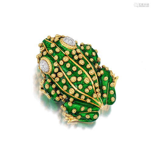 An eighteen karat gold, enamel, and diamond brooch,