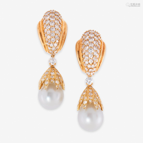 A pair of eighteen karat gold, South Sea pearl, and