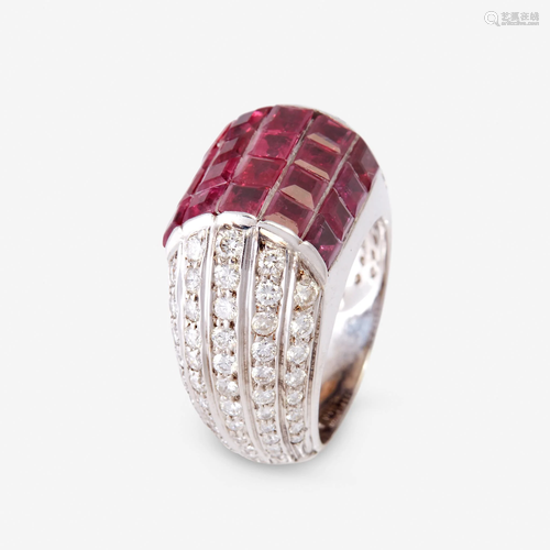 A ruby, diamond and white-topped eighteen karat …