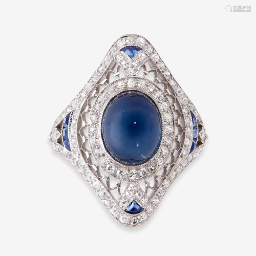 An Art Deco sapphire, diamond, and platinum ring,