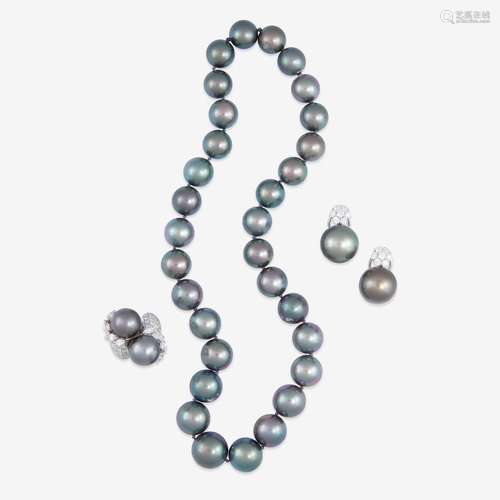 A Tahitian black cultured pearl, diamond, and eighteen