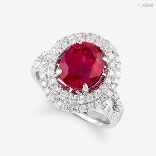 A ruby, diamond, and eighteen karat white gold ring,