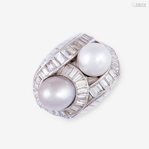 A cultured pearl, diamond, and platinum ring,