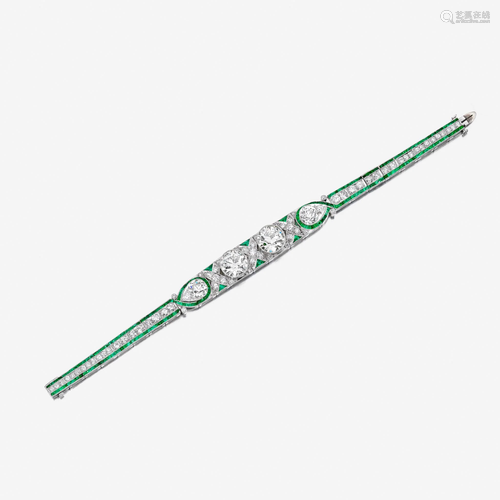 An Art Deco platinum, diamond, and emerald bracelet,