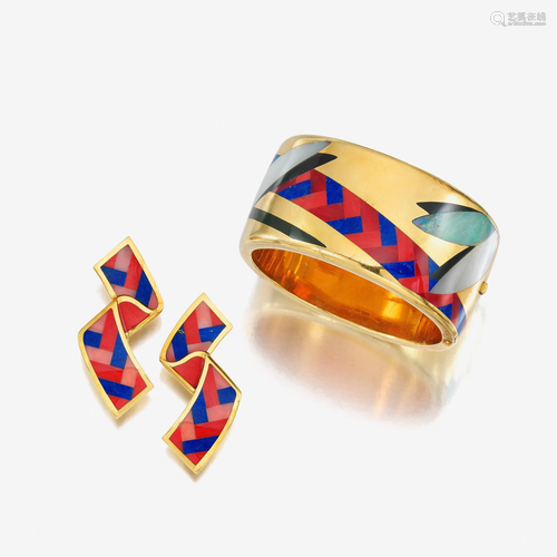 An eighteen karat gold, coral, lapis lazuli, opal,