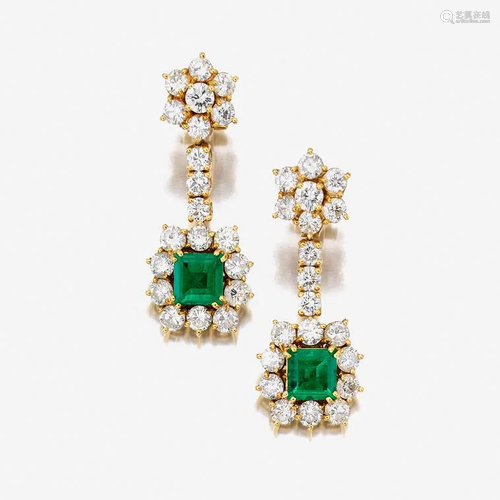 A pair of eighteen karat gold, diamond, and emerald