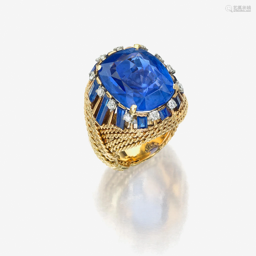 A sapphire, diamond, and eighteen karat gold ring,