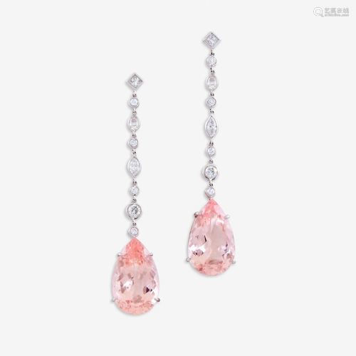 A pair of morganite, diamond, and platinum earrin…