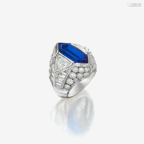 A sapphire, diamond, and eighteen karat white gold